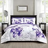 Sunshine Nicole Soft Brushed Microfiber Comforter Set, 7 Pieces King, with Light Weight Soft Poly Fill, Printed Dark Purple Big Florals Face with Print Reverse