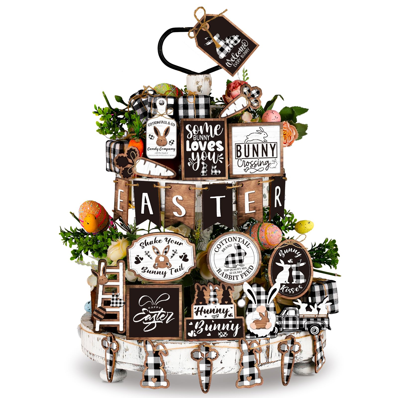 Photo 1 of Amyhill 28 Pcs Easter Tiered Tray Decor Farmhouse Easter Decorations Buffalo Plaid Bunny Carrot Wooden Signs Rustic Spring Tiered Tray Decor for Home Kitchen Coffee Bar Table Shelf