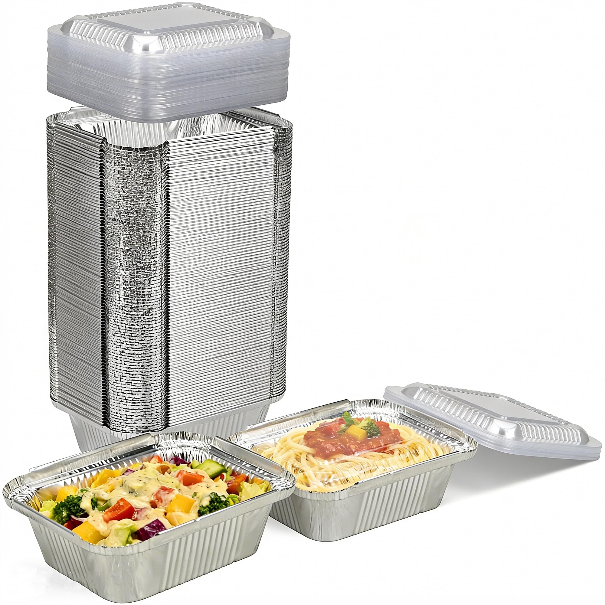Photo 1 of 100 Pack Small Disposable Aluminum Pans with Plastic Lids(5"×4") 1 Lb Mini Foil Pans,Tin Foil Pans with Lids,Take-Out Food Containers Trays for Catering, Meal Prep, Baking, Roasting, Freezer Safe