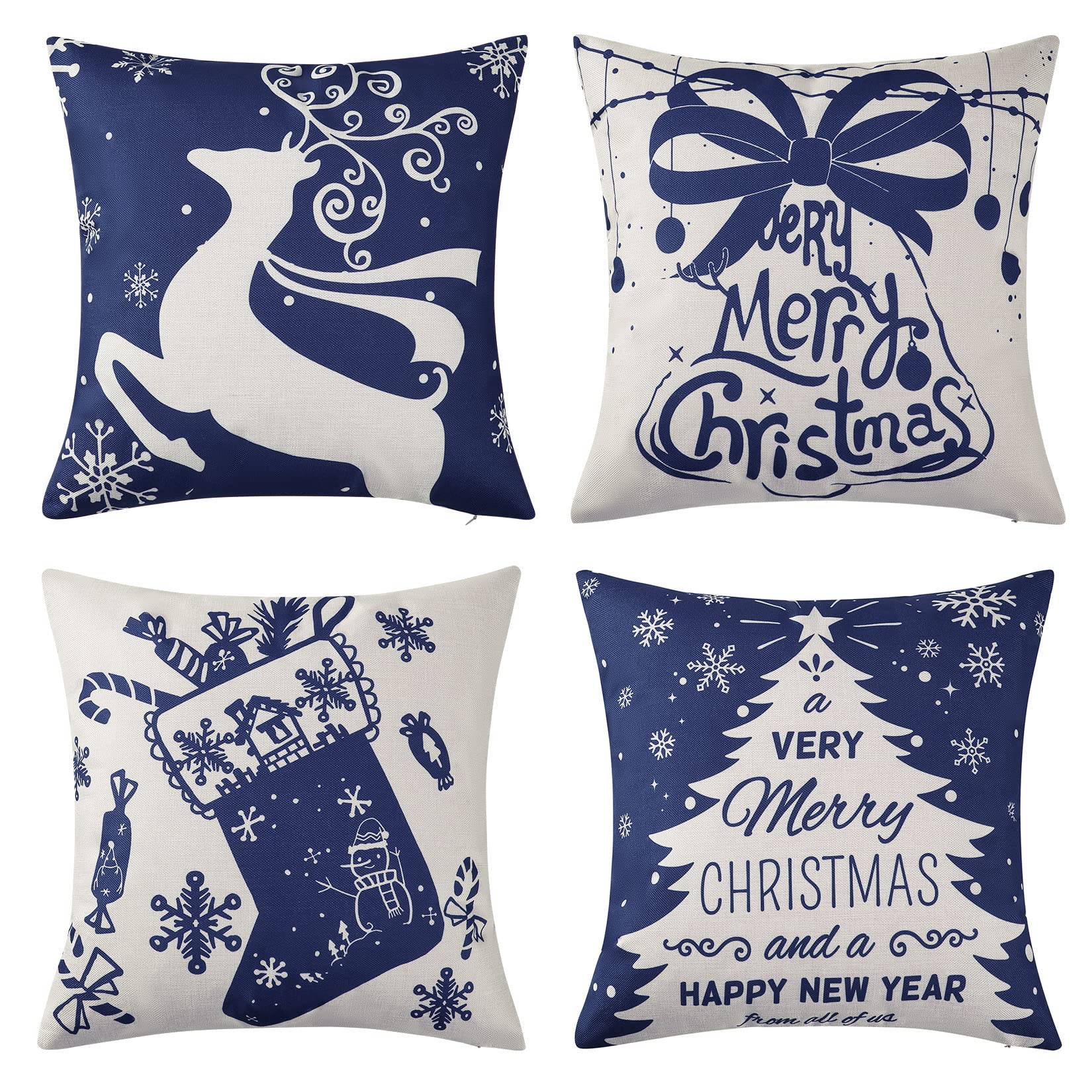 LuxFocus Christmas Throw Pillow Covers 18x18, Blue Cotton Linen Throw Pillows Set of 4, Snowflake Christmas Tree Pillow Covers for Couch Home Decoration 18 x 18 Inch, 4 Pack