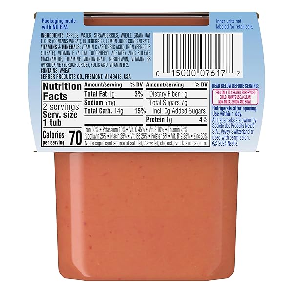 GERBER STAGE 2 BABY FOOD, APPLE STRAWBERRY BLUEBERRY OATMEAL CEREAL TUBS, IRON HELPS SUPPORT BRAIN DEVELOPMENT, NO ARTIFICIAL FLAVORS, BABY CEREAL, 2-PACK