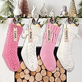 Teeanzo 4Pack 18 Inches Christmas Knitted Hanging Stockings,Xmas Pink Large Farmhouse Rustic Neutral Cable Knit Personal Stockings Decorations for Christmas Tree Fireplace Family Holiday Party Decor
