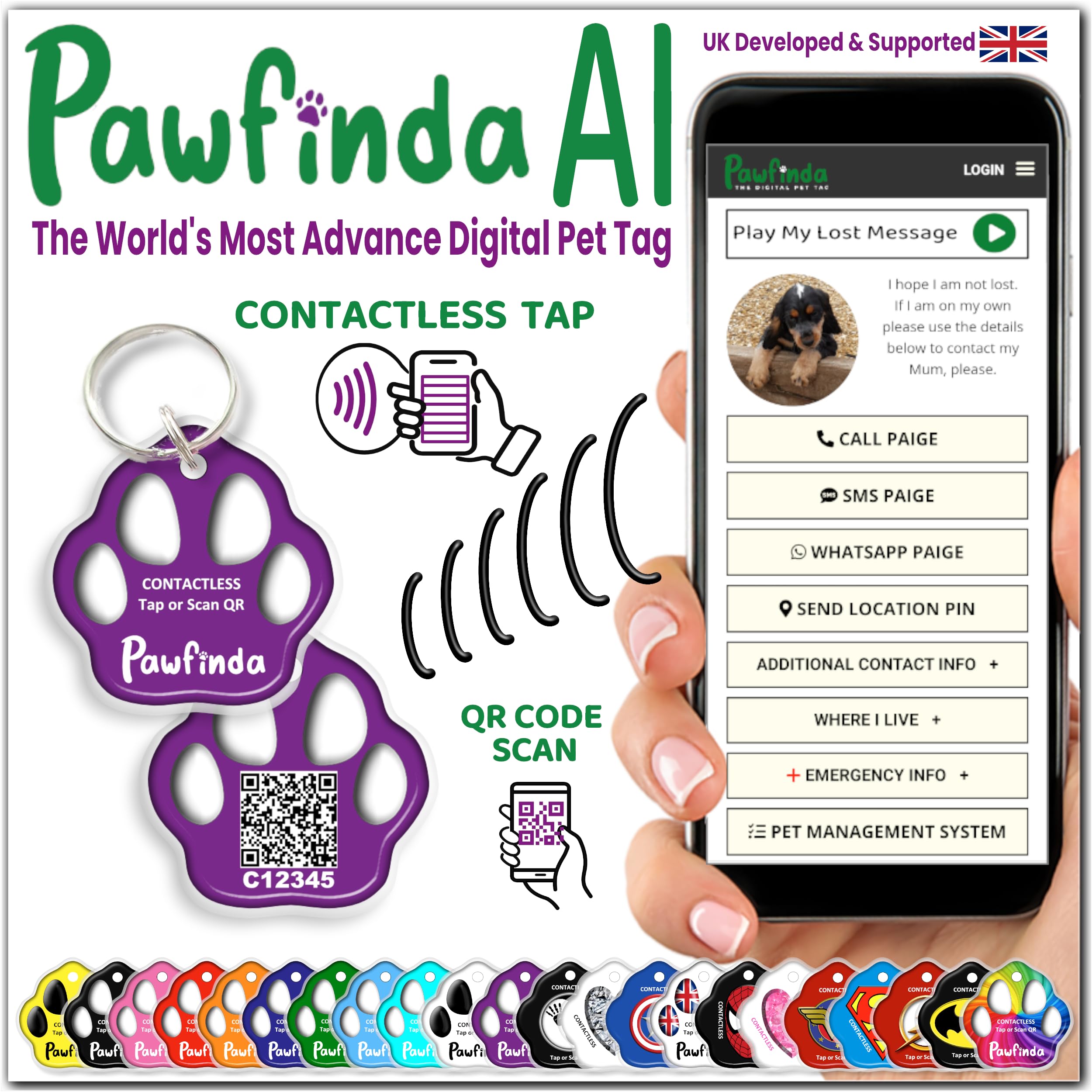 PAWFINDA – Next Generation AI Digital Personalised Cat Dog Pet Engraved ID Tag with CONTACTLESS NFC and QR Code Technology Now with PawVoice AI. UK Developed, Designed, and Supported. (Purple Paw)