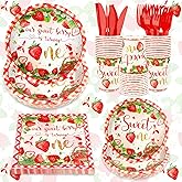 120 PCS 1st Birthday Decor, A Berry Sweet Girl is Turning One Disposable Tableware for Bday Thanksgiving Christmas, Strawberry Sweet One Birthday Tableware Set Plates Napkins Cups Knives Forks for 20