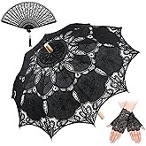 Paterr 3 Pcs Black Lace Parasol Vintage Gothic Lace Umbrella Hand Folding Fan Glove for Halloween Witch Wedding Bridal Lolita Cosplay Photoshoot Lady Costume Props 1920s Party Decoration