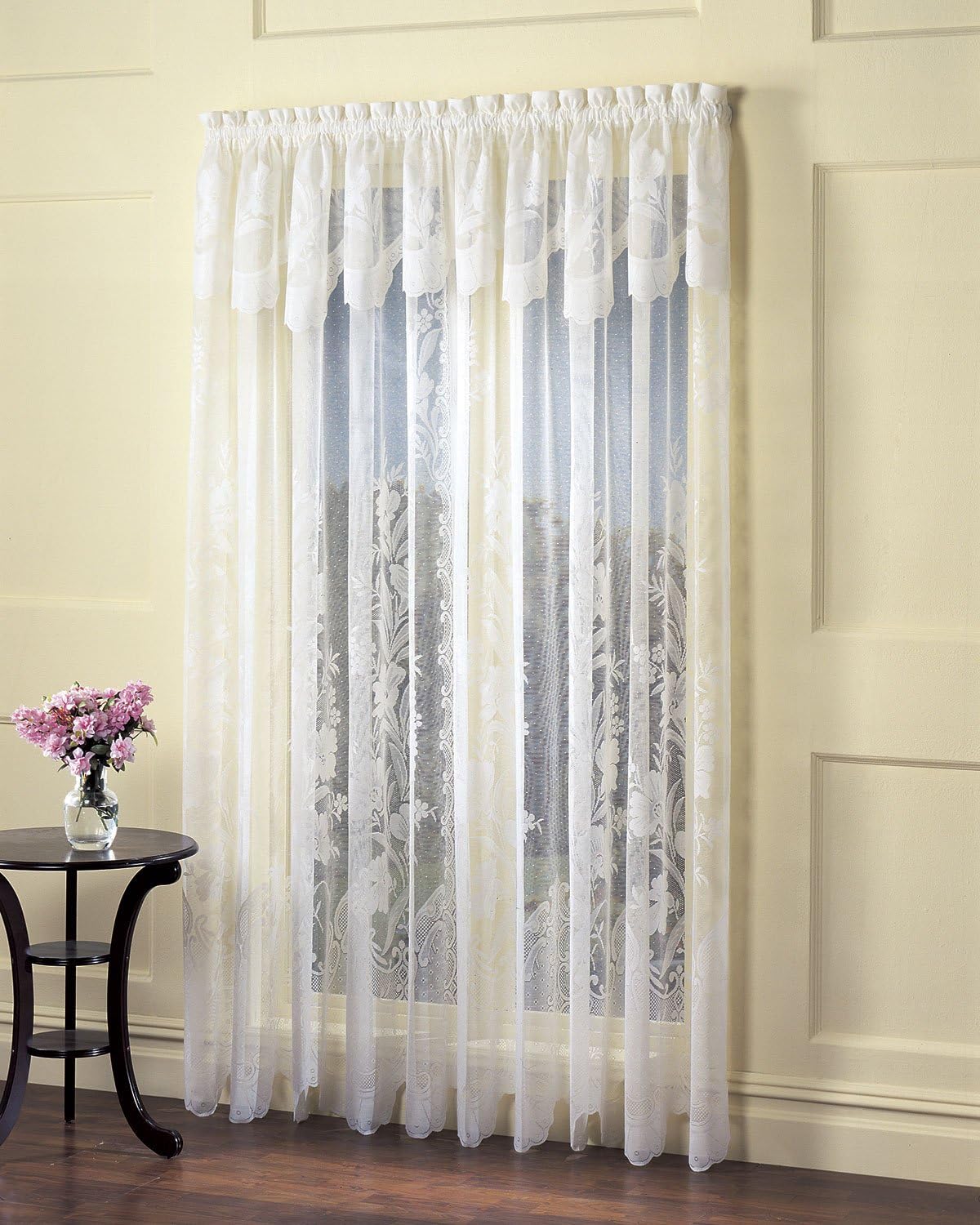Easy Care Fabrics 2-Piece Lace Window Curtain with Attached Valance, 60-Inch by 84-Inch, White