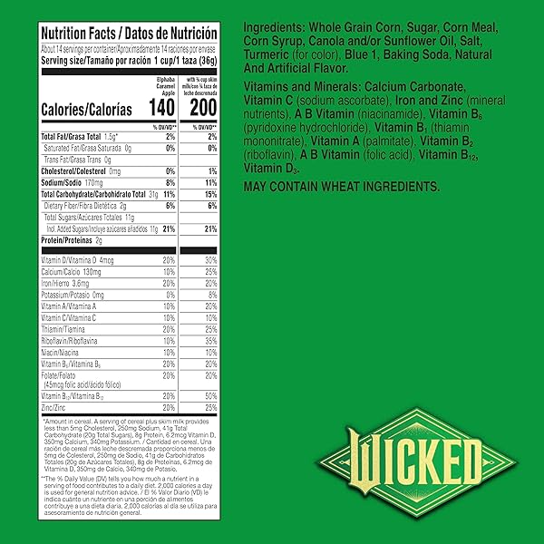 WICKED CEREAL, ELPHABA CARAMEL APPLE FLAVORED, FAMILY SIZE, 18.1 OZ