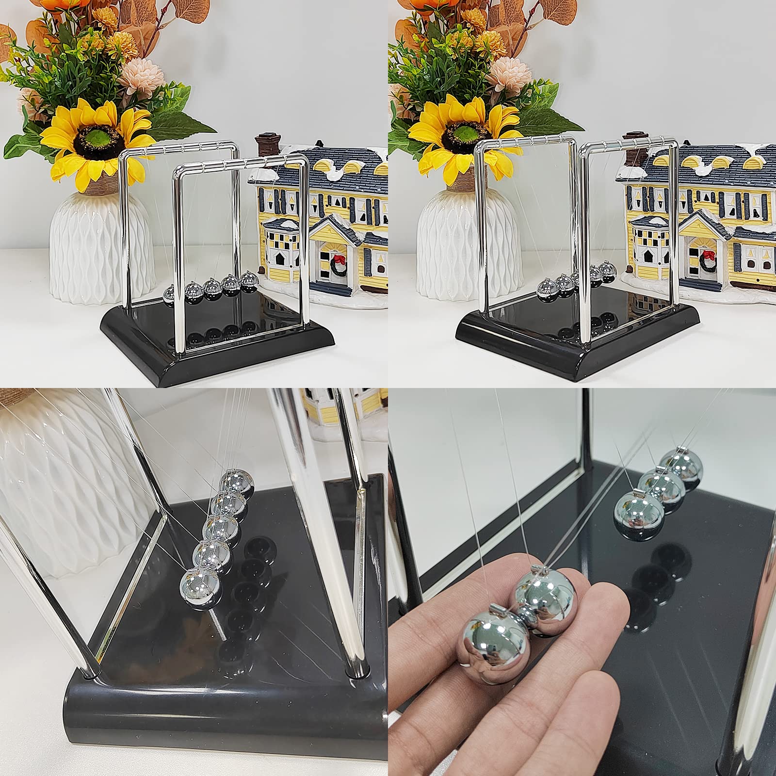 Newtons Cradle Balance Balls, Swinging Balls with Black Base, Fun Science Physics Learning Accessories, Calm Down Fidgets Kit, Desk Toys for Stress Relief, Office Home Decoration (Black)