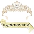 YARIEW 50th Anniversary Decorations, Gold Crown and Happy 50th Anniversary Sash Set, Tiara Crown Sash for 50th Wedding Anniversary Decorations for Party Gifts for Women