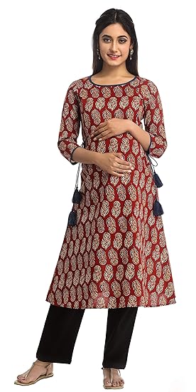 Women's Cotton Printed A-Line Maternity Kurta/Easy Breast Feeding/Breastfeeding Kurti/Ethnic Dress with Zippers for Nursing Pre and Post Pregnancy (Red)