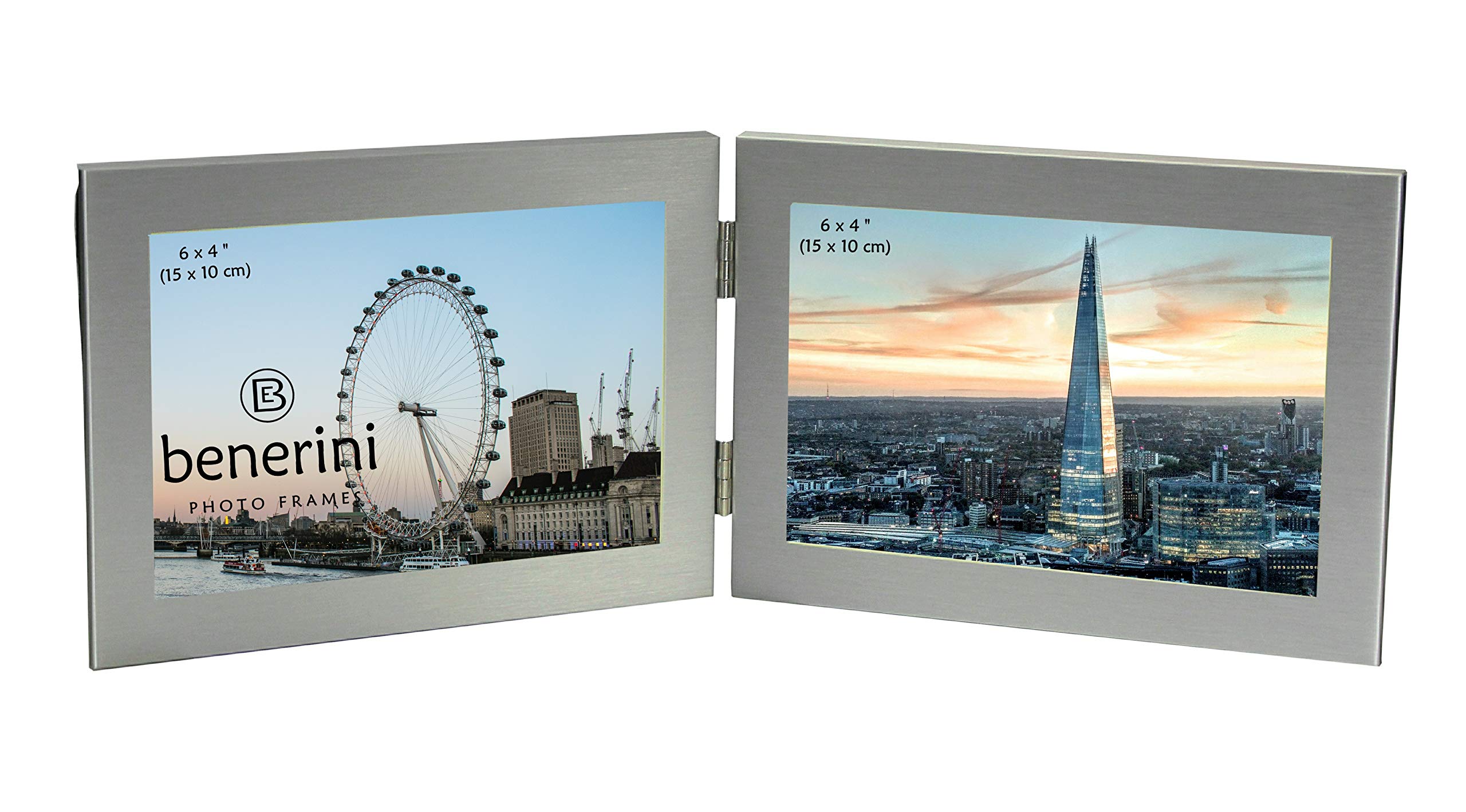 Brushed Aluminium Satin Silver Colour - Twin 2 Picture Horizontal Double Folding Photo Frame - Takes 2 Photos of 6 x 4 inches (15 x 10 cm) (Landscape Style)