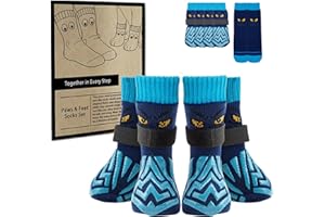 COOHAMS Non-Slip Dog Socks & Owner Sock Set- Extra-Grip, Paw Protection for Senior & Active Dogs(Blue,S)