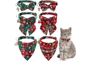DRAGONFLYDREAMS 6 Pack Christmas Cat Collar with Bow Tie Bandana and Bell, Breakaway Adjustable Cat Bow Tie Collars, Xmas Accessories for Kittens Or Certain Puppies