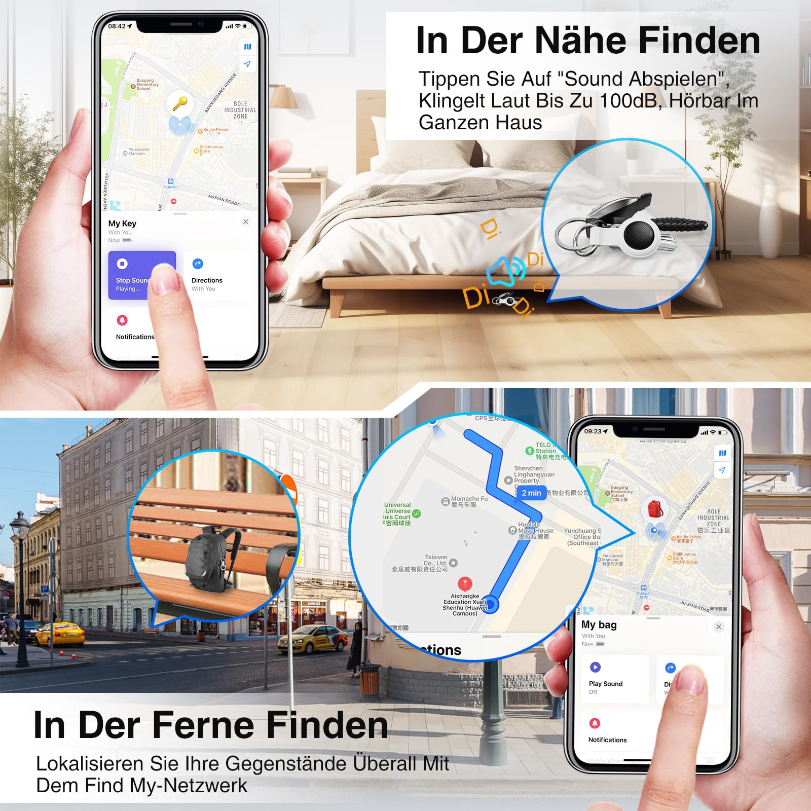 GPS Tracker - 2er Pack Smart Tracker Tags mit Apple Wo ist? (iOS NUR) mit Schutzhülle, Wasserdichter Gegenstandssucher, 100 dB Lautstärke, Bluetooth-Schlüsselfinder für Gepäck, Koffer 4