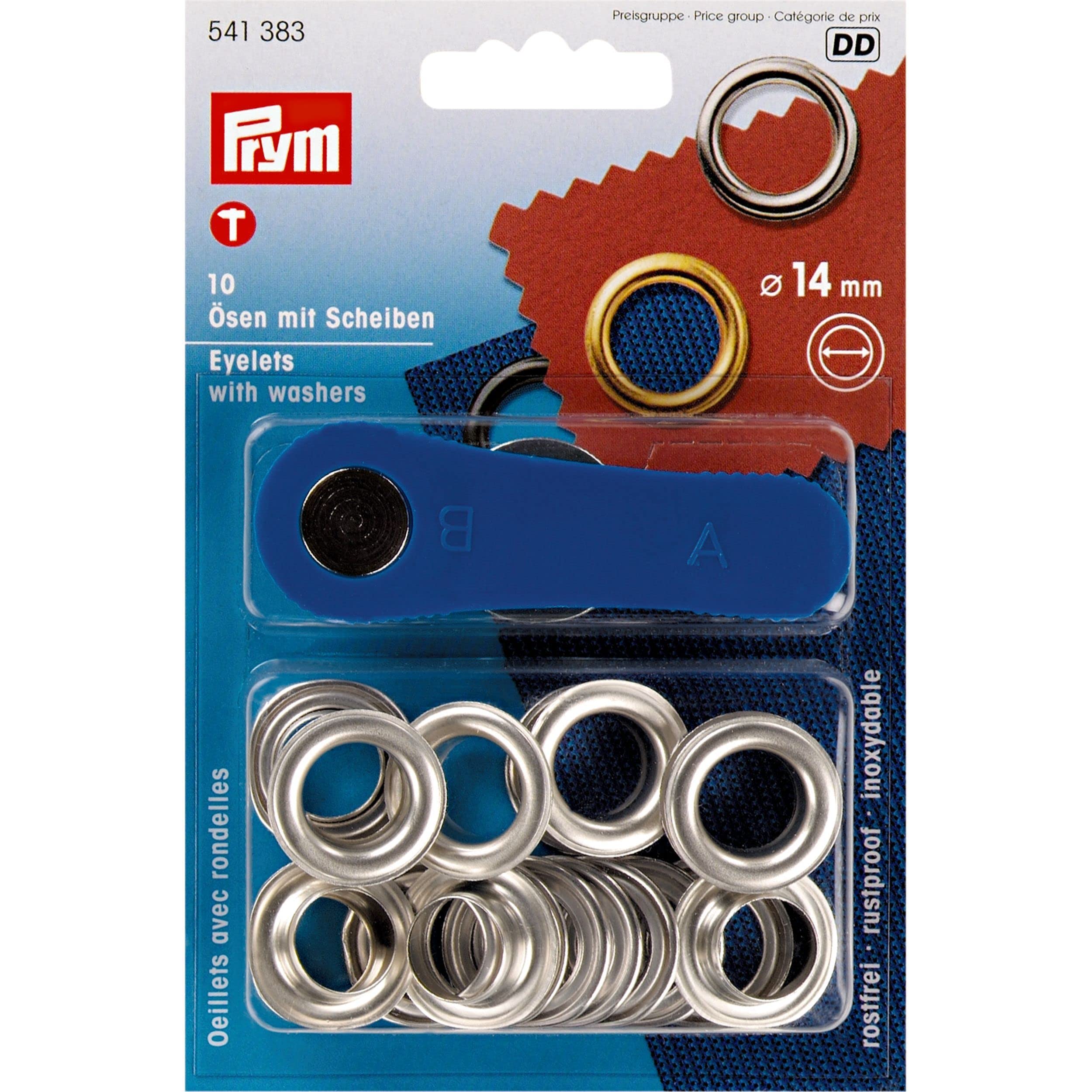PRYM_541383-1 Eyelets with Washers, Brass, Silver, 14mm