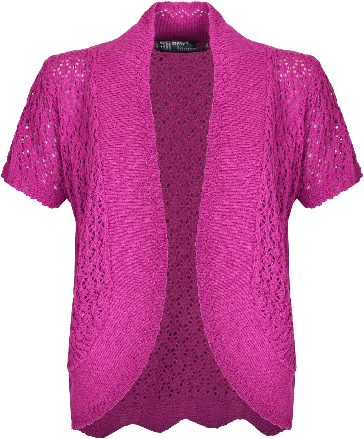 Sians Fashions Womens Knitted Shrug Lightweight Summer Top Open Front Cardigan Short Sleeves Pink