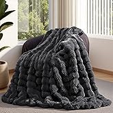 Lotus Karen Faux Fur Throw Blanket Dark Gray - Big Bubble Rabbit Fluff Blanket for Couch, Small Fluffy Fuzzy Cozy Blanket, Thick Furry Plush Shaggy Blankets, 50x60 Inches