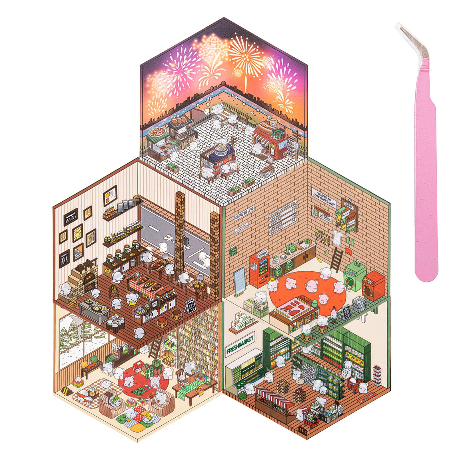 DOINEUFL 5 Sets 3D Sticker Scene, 3D House Sticker Set, Sticker Therapy 3D Stickers, Funny Cartoon Scene Stickers for Adult Kid Relief Stress Pass The Time (with Tweezers) (5)