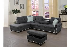 EMKK L-Shape Sofa Couch with Chaise Lounge,Modern Linen Fabric Upholstery Sectional Sofá with Storage Ottoman 2 Pillows for Living Room Furniture Set, Apartment and Large Space, Grey B