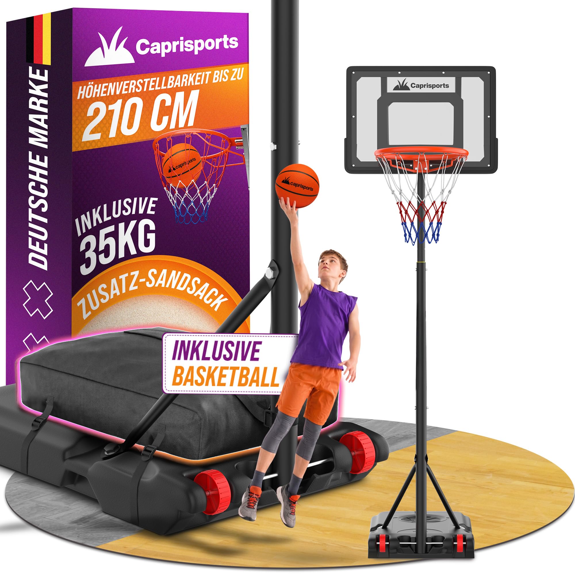 Basketballkorb Outdoor [mit Sandsack & Ball] – Basketball Korb höhenverstellbar – Wetterfester Basketballkorb mit Ständer – Basketballkörbe für Kinder und Erwachsene - Basketball Hoop – 210 cm