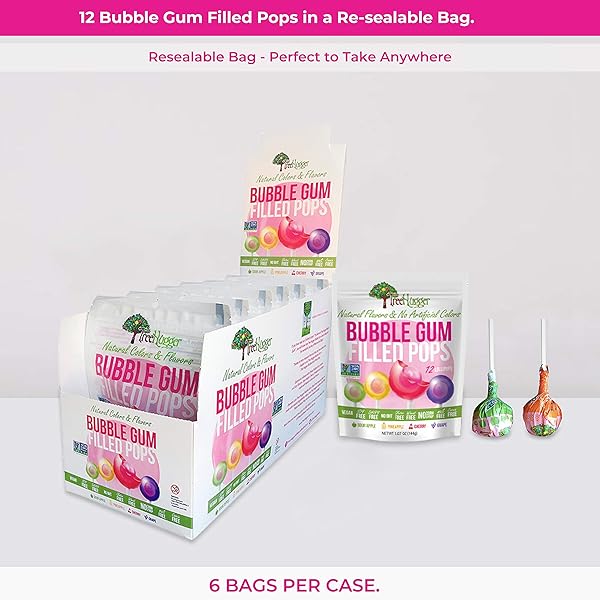 TREE HUGGER BUBBLE GUM FILLED POPS IN STAND UP RESEALABLE BAGS, 6 BAGS (12 POPS PER BAG).