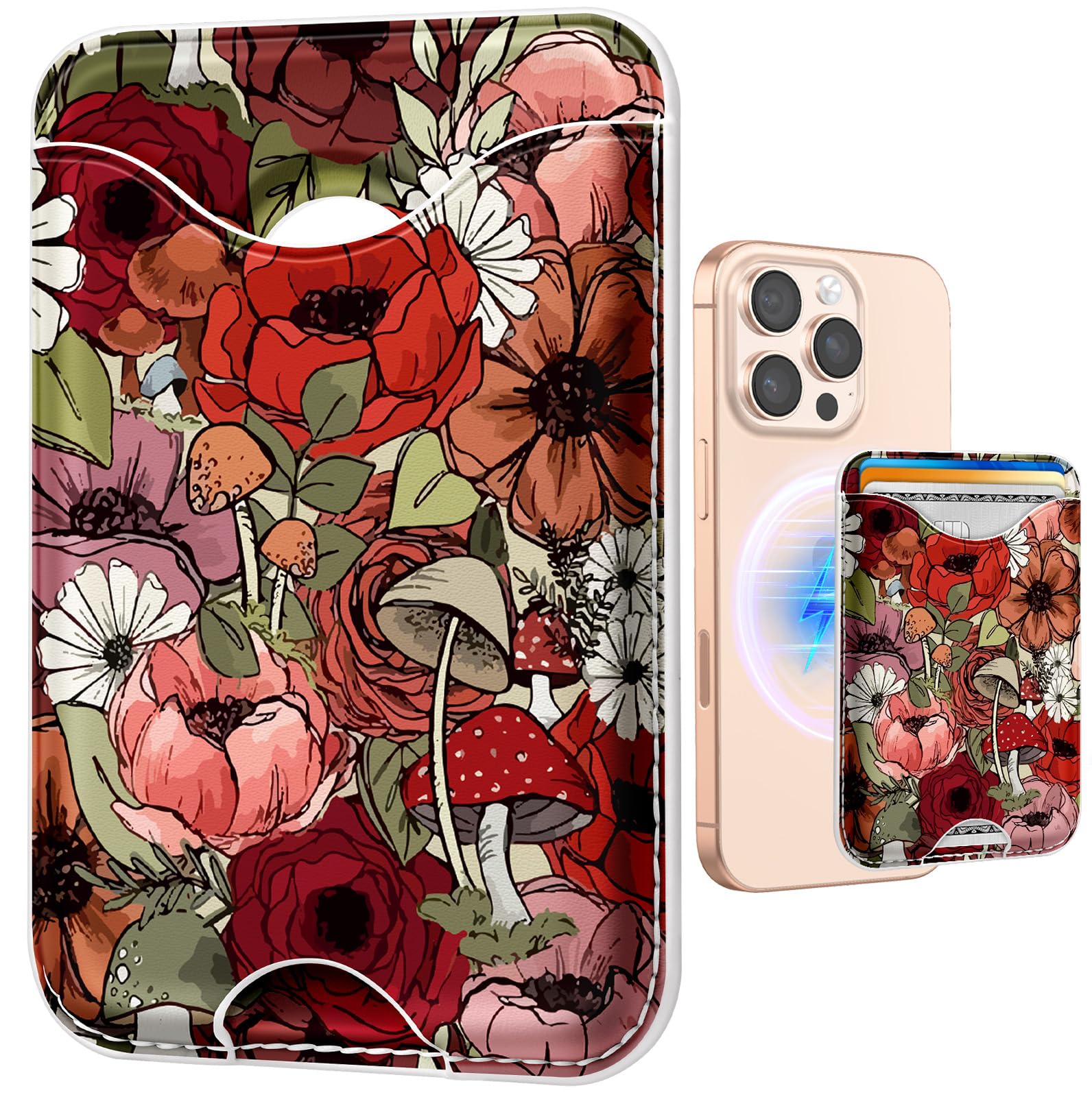 Shorogyt Compatible with Magsafe Wallet Magnetic Card Holder - Flower Mogu Phone Wallets for Women Teen Girls Cute for iPhone 17/16/15/14/13/12 Series Slim for Apple Mag RFID Magnet, Fit 3 Cards