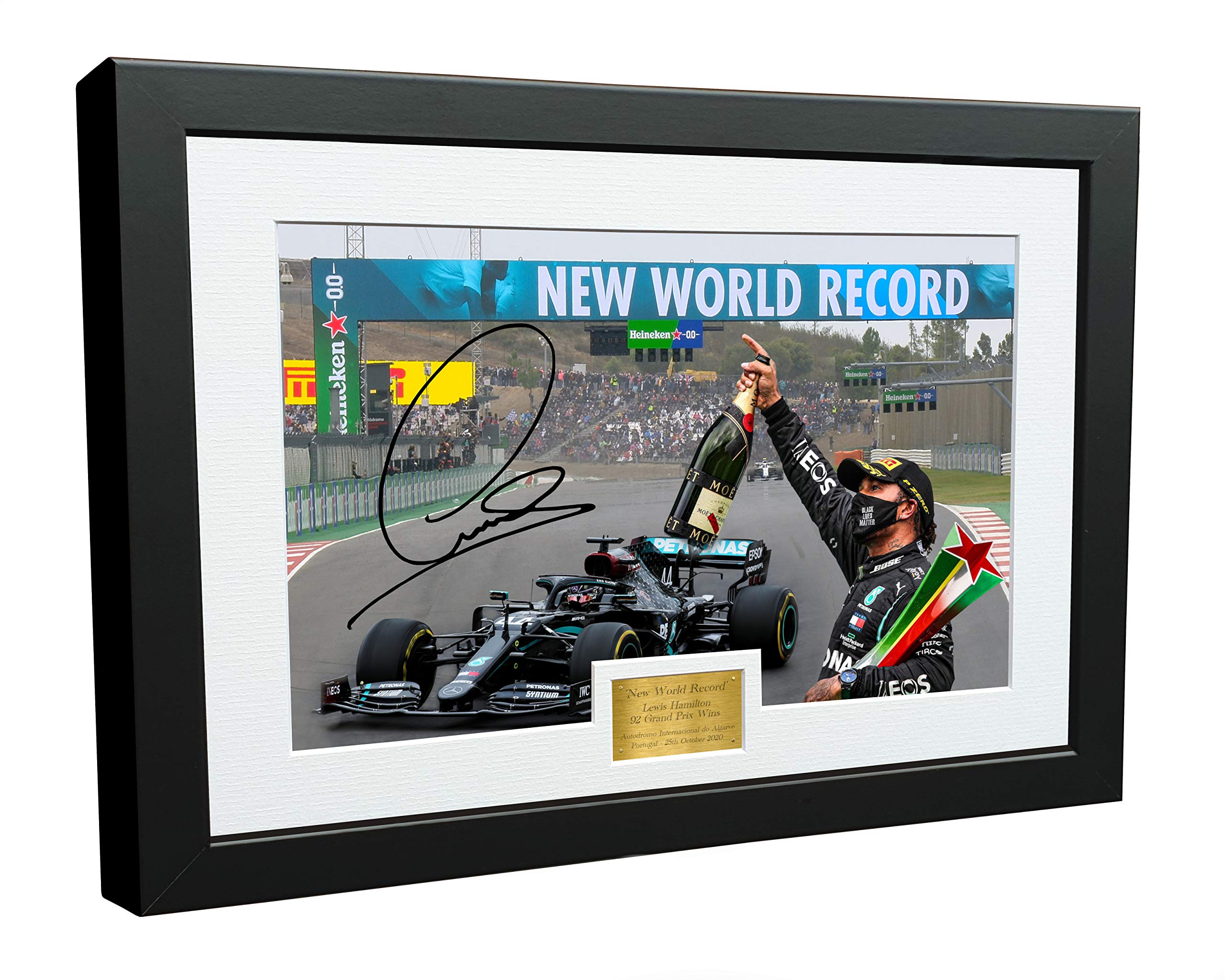 Kitbags & Lockers 12x8 A4 'NEW WORLD RECORD' Celebration Edition - Signed Lewis Hamilton - Mercedes-AMG Petronas - Autographed Photo Photograph Picture Frame Motor Sport Formula 1 F1 Gift