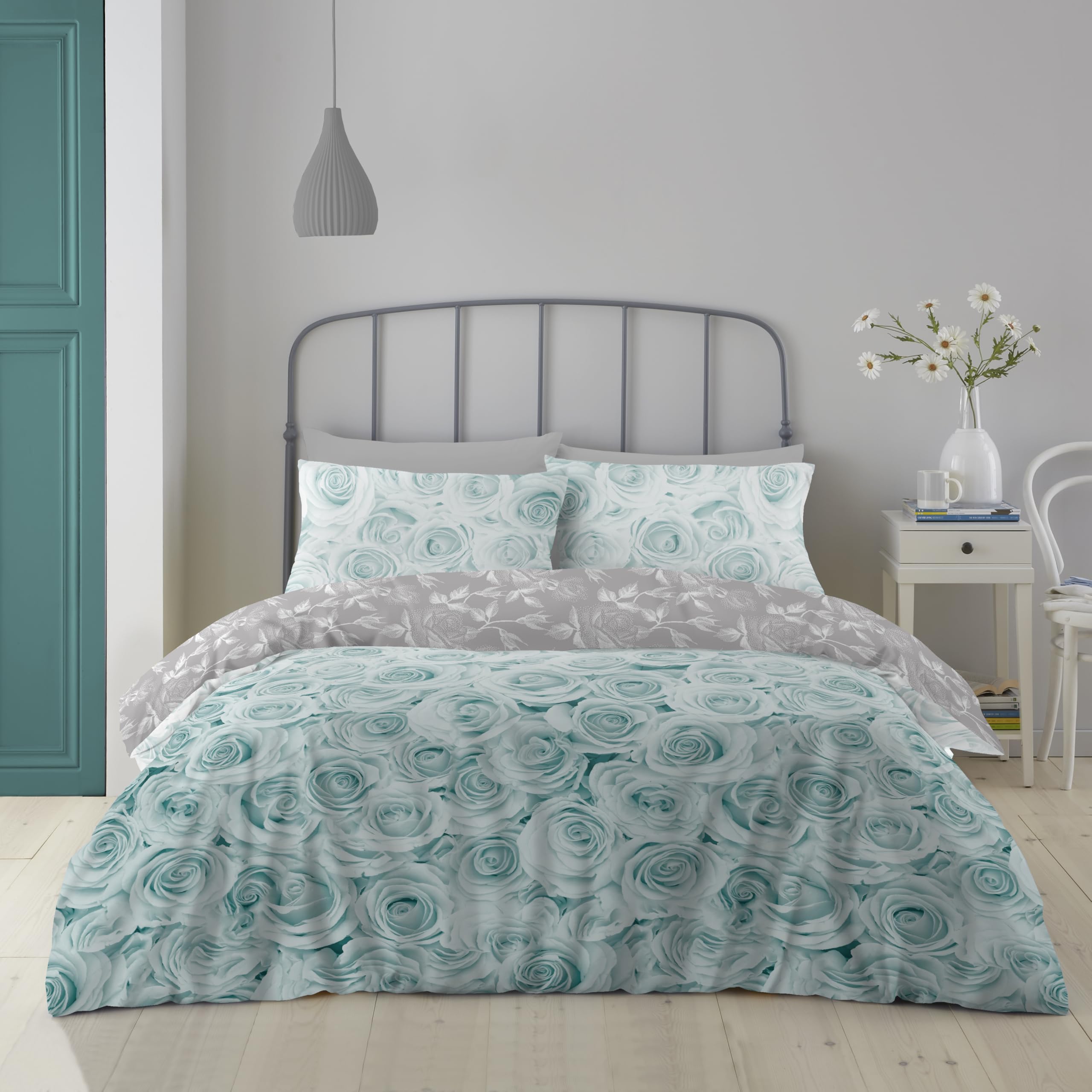 GC GAVENO CAVAILIA Premium Flower Duvet Cover Set, Warm & Cosy King Size Bedding Duck Egg, Breathable Bed Covers