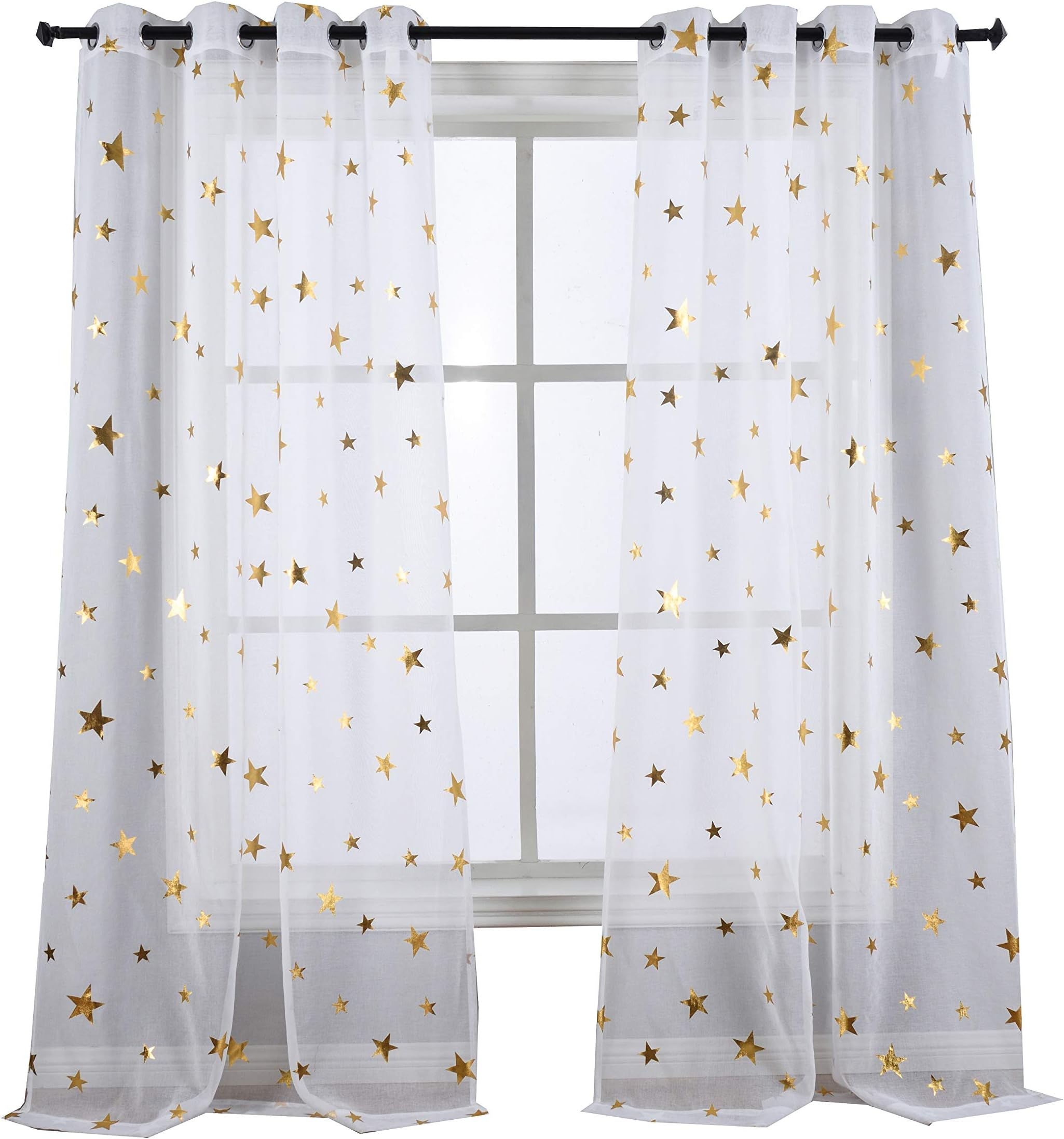 sgofais Gold Star Print Sheer Curtains for Nursery Kids Bedroom Cute Twinkle Stars with White Trasparent Voile Drapes Grommet 2 Panels 54W by 84L inch