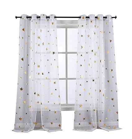 Sgofais Gold Star Print Curtains For Nursery Kids Bedroom Cute Twinkle Stars With White Trasparent Voile Window Drapes For Living Room Grommet 2
