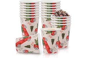 80Pcs Christmas Paper Cups 9 oz Vintage Red Truck with Pine Trees Design Disposable Holiday Cups Drinkware for Cold Drinks Ho