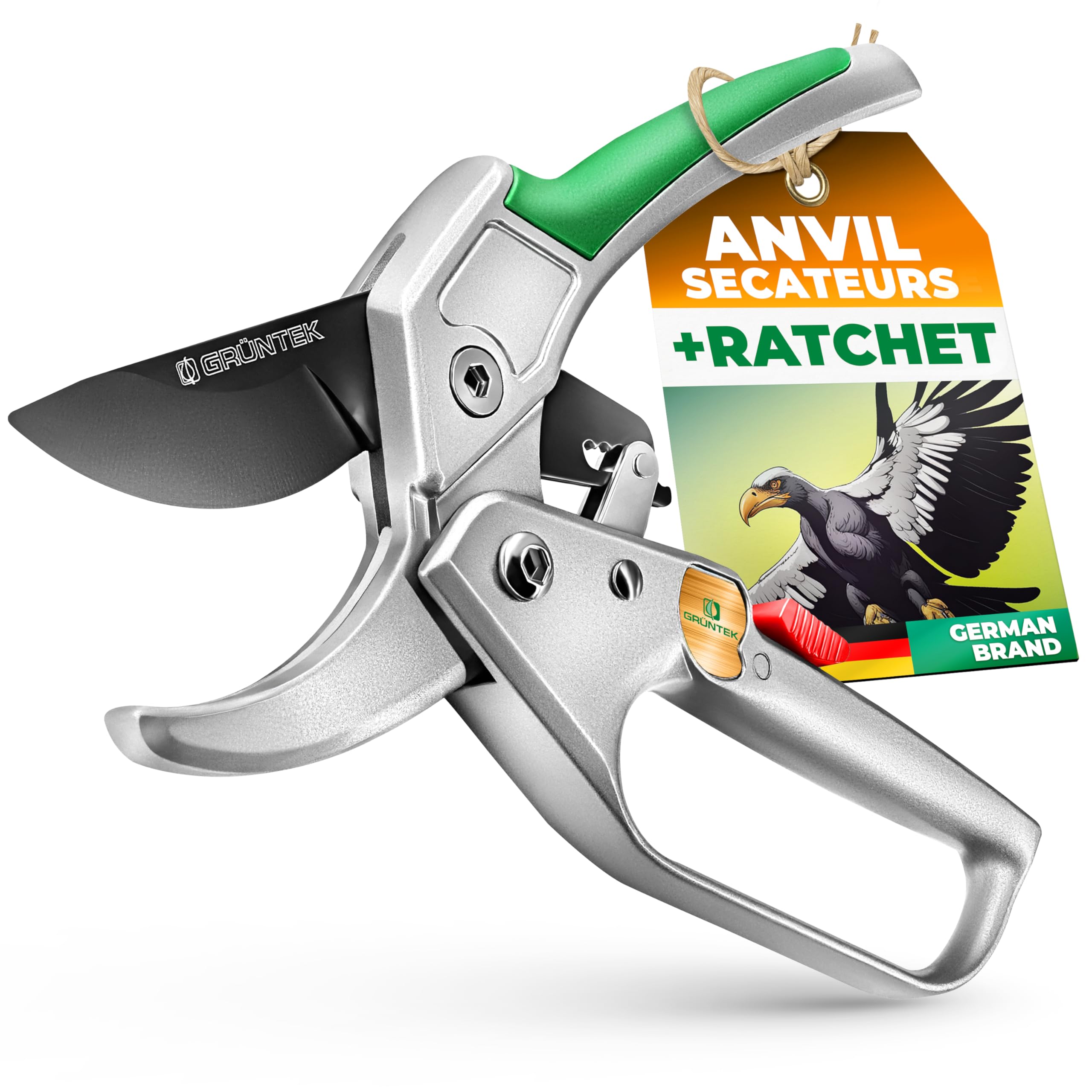 GRÜNTEK Condor Ratchet Secateurs 200 mm – SK5 Blade, 20 mm Cut – Garden Secateurs Heavy Duty | Automatic Ratchet Pruning Shears with Oil Sponge & Sharpener — image 1