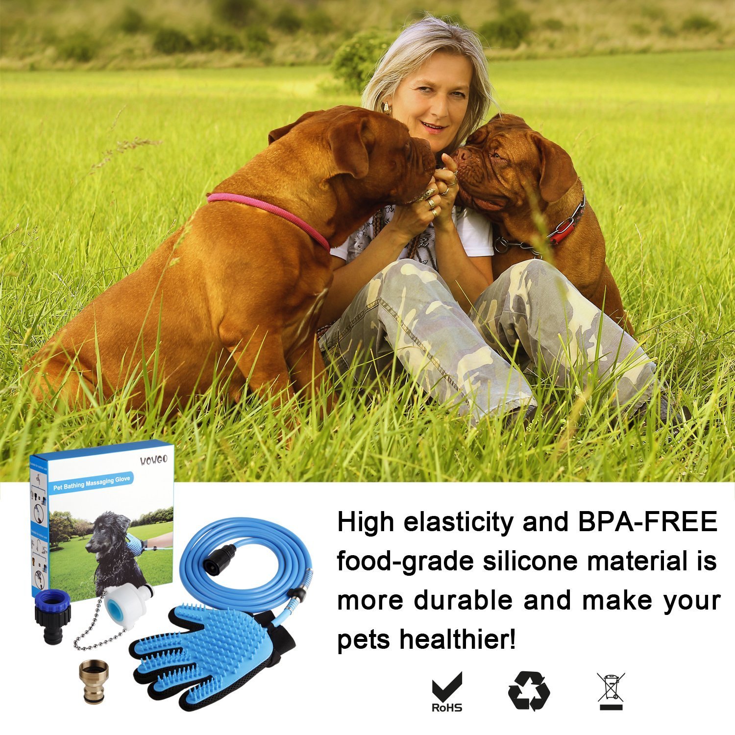 WOWGO 2018 NEU Haustier Baden Dusche Duschhandschuh Hundedusche - Reinigungs-Handschuh mit 3 Wasserhahn-Anschlüssen für Hunde Katzen Pferde für Drinnen und im Freien