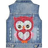 Yao Little Girls Denim Vest Spring Autumn Sequins Owl Vest Coat