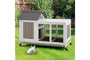 MAGAZOOPET 38''L Small Rabbit Hutch Outdoor Indoor with Wheels, Wooden Expandable 2 Story Bunny House Rabbit Cage with Run, Waterproof Roof, Pull Out Tray, Guinea Pig Cage Chicken Coop for Small to Medium Pets