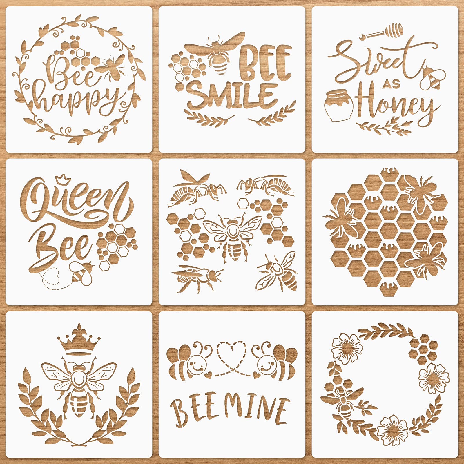 9 Pieces Bee Stencils for Painting on Wood, Honeycomb Theme Reusable Stencils, Honey Drawing Template for DIY Scrapbooking School Classroom Wall Floor Decor (8 x 8 Inch)