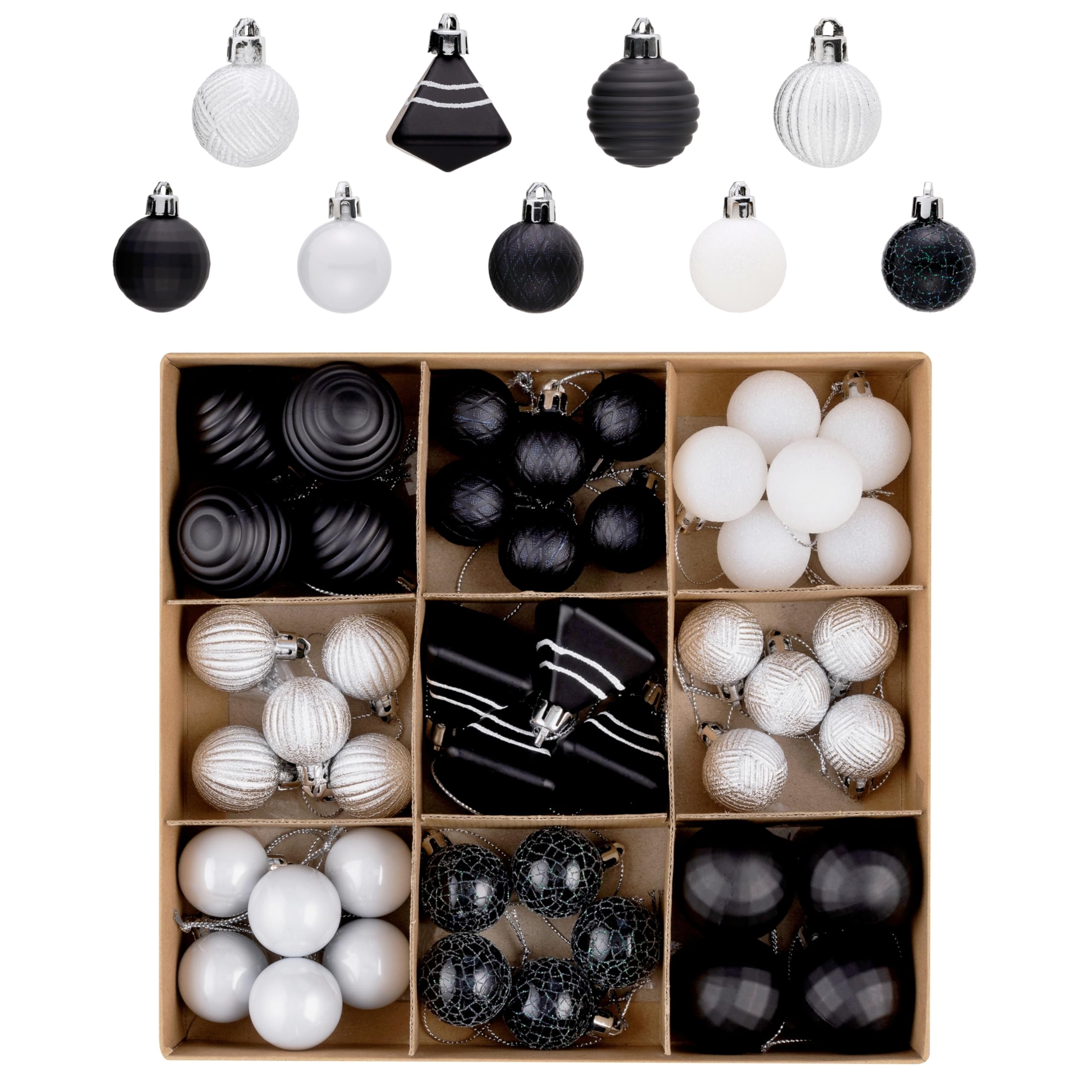 Photo 1 of DecorbyHannah 45ct Christmas Ornaments Set, Shatterproof Assorted Mini Black White Christmas Ornaments for Tree Decorations, Small Decorative Christmas Ball Ornaments for Halloween Home Party Decor