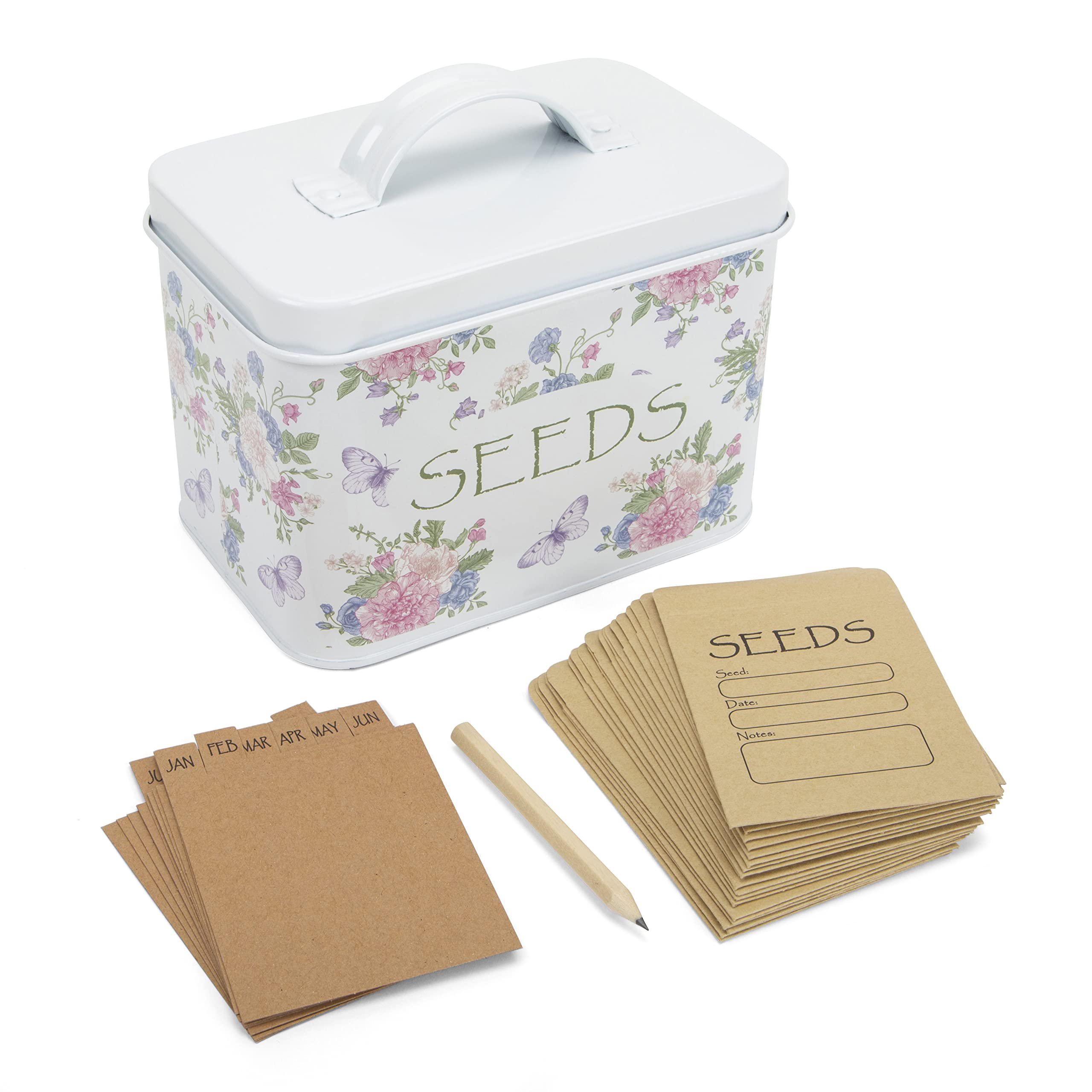 Katai Seed Storage Box – Durable Metal Seed Organiser for Gardeners with Monthly Dividers, 20 Envelopes & Pencil, Compact Seed Packet Saver, Floral Design