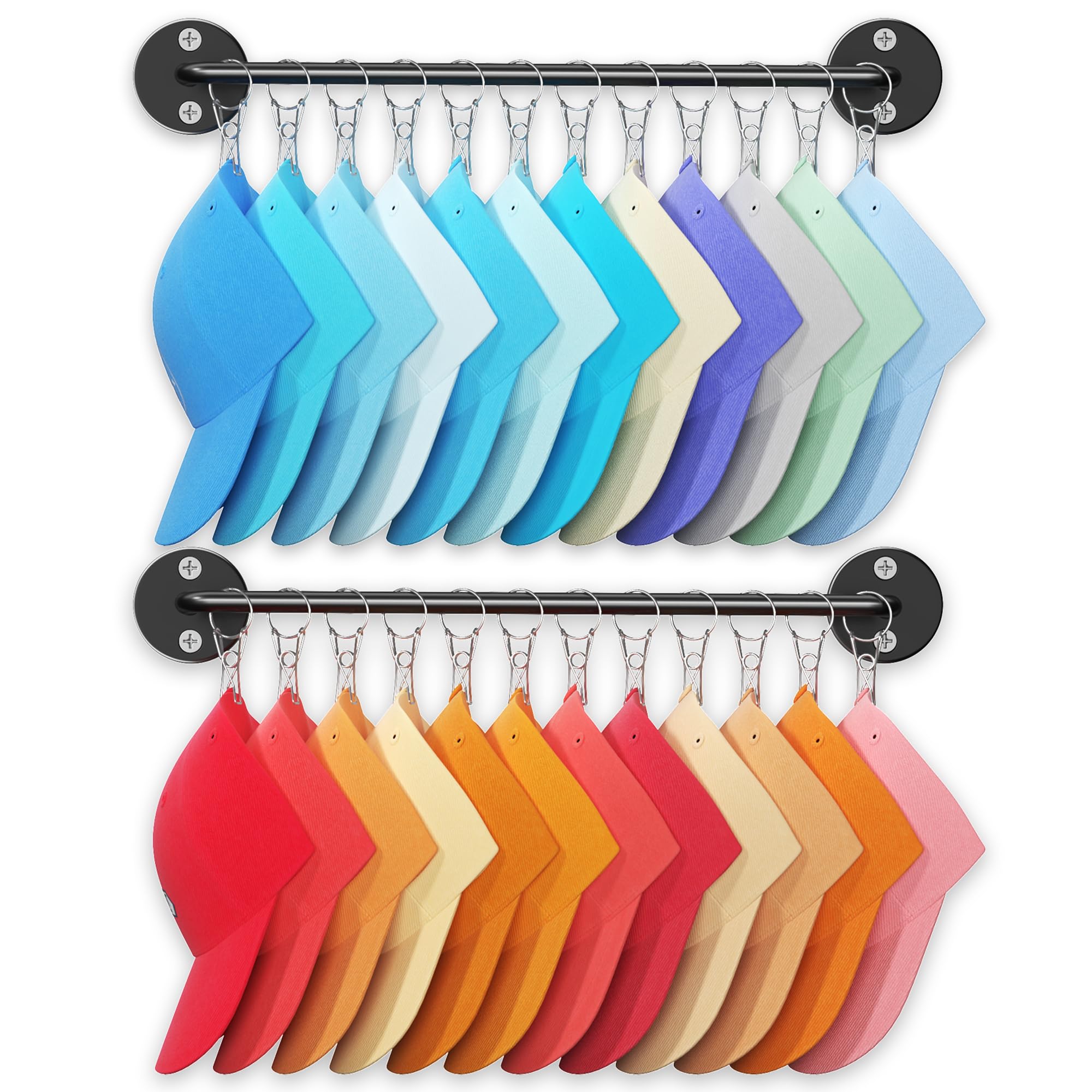 Photo 1 of 2 Pack Metal Organizer for Baseball Caps with 12 Large Clips, Wall-mounted Hat Rack Holds up to 24 Hats, Hats Hanger Holder for Closet Wall Storage, Fits All Caps Display-Black
