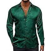 Hi-Tie Mens Forest Green Dress Shirts Floral Long Sleeve Formal Shirts for Men Button Down Regular Fit Party Wedding