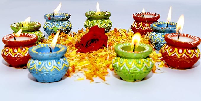 Multicolour Matka Diya by Sandhaya Mobile Shop|Diya for Puja|Diwali Candles Set|Clay Matki Diyas for Diwali|Matka Terracotta Diya Set of 9 (Each Diya Size 7 cm X 5 cm X 4 cm) in Box