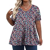 Tencede Womens Plus Size Tops Short Sleeve Tunic Shirts V Neck Summer Floral Loose Fit Blouse XL-5X