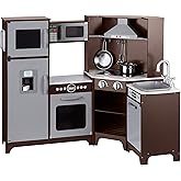 Amazon Basics Kids Corner Interactive Wooden Play Kitchen Set, Stove, Oven, Sink, Fridge and Accessories for Toddlers, Preschoolers, Children Age 3+ Years, Espresso/Gray, 39.37"L x 28.35"W x 35.04"H