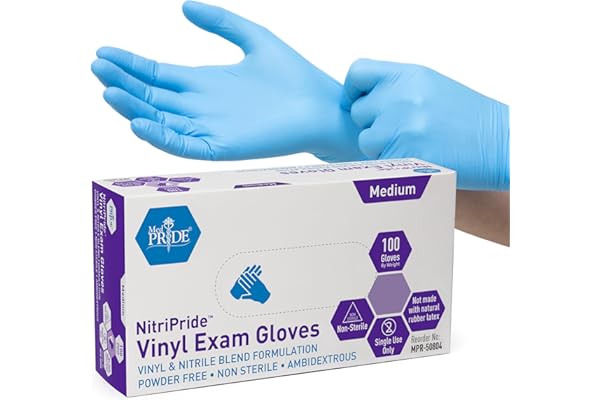 MED PRIDE NitriPride Nitrile-Vinyl Blend Exam Gloves, Medium 100 - Powder Free, Latex Free & Rubber Free - Single Use Non-Sterile Protective Gloves for Medical Use, Cooking, Cleaning & More
