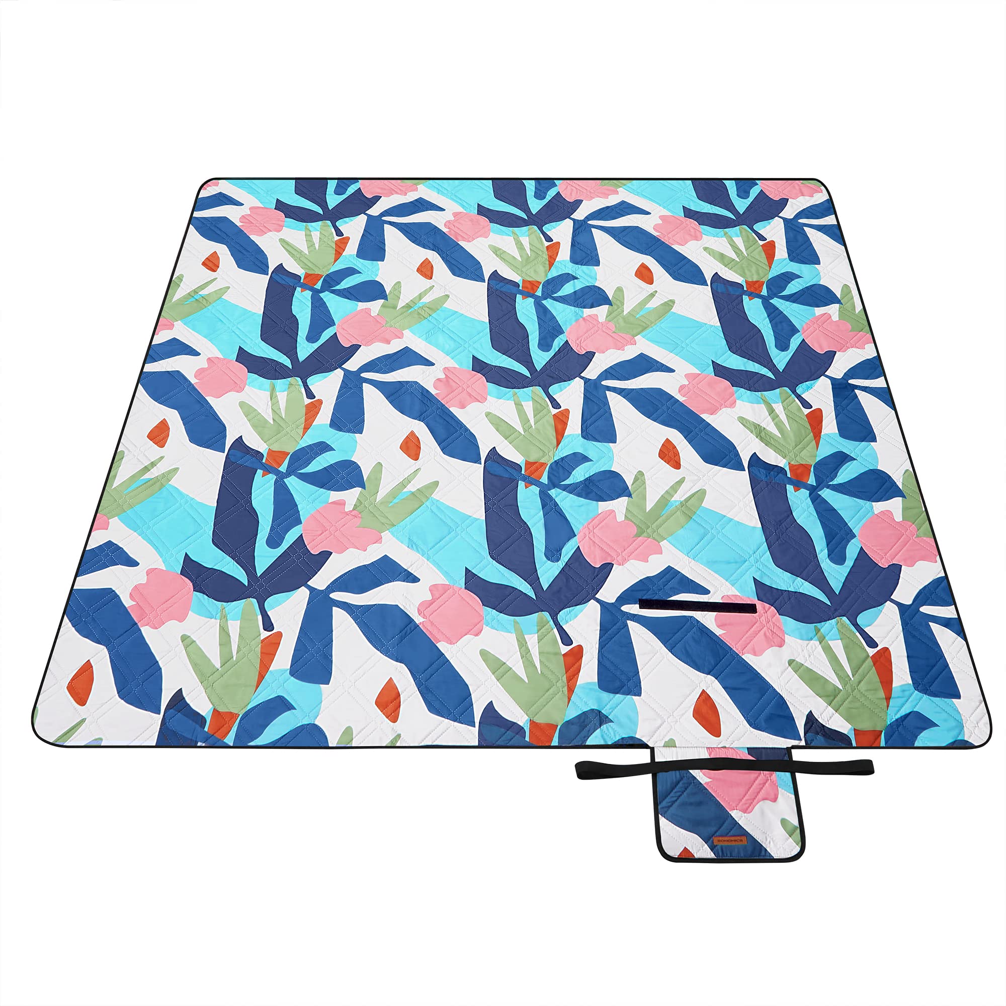 SONGMICS Picnic Blanket, 200 x 200 cm, Large Mat, Picnic Blanket, for Camping, Park, Garden, Beach, Water Repellent, Machine Washable, Foldable, Multicoloured Fern Pattern GCM087Q03