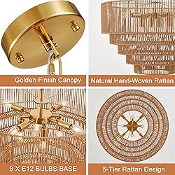 YOMECOO 25.6" Large Rattan Chandelier Vintage