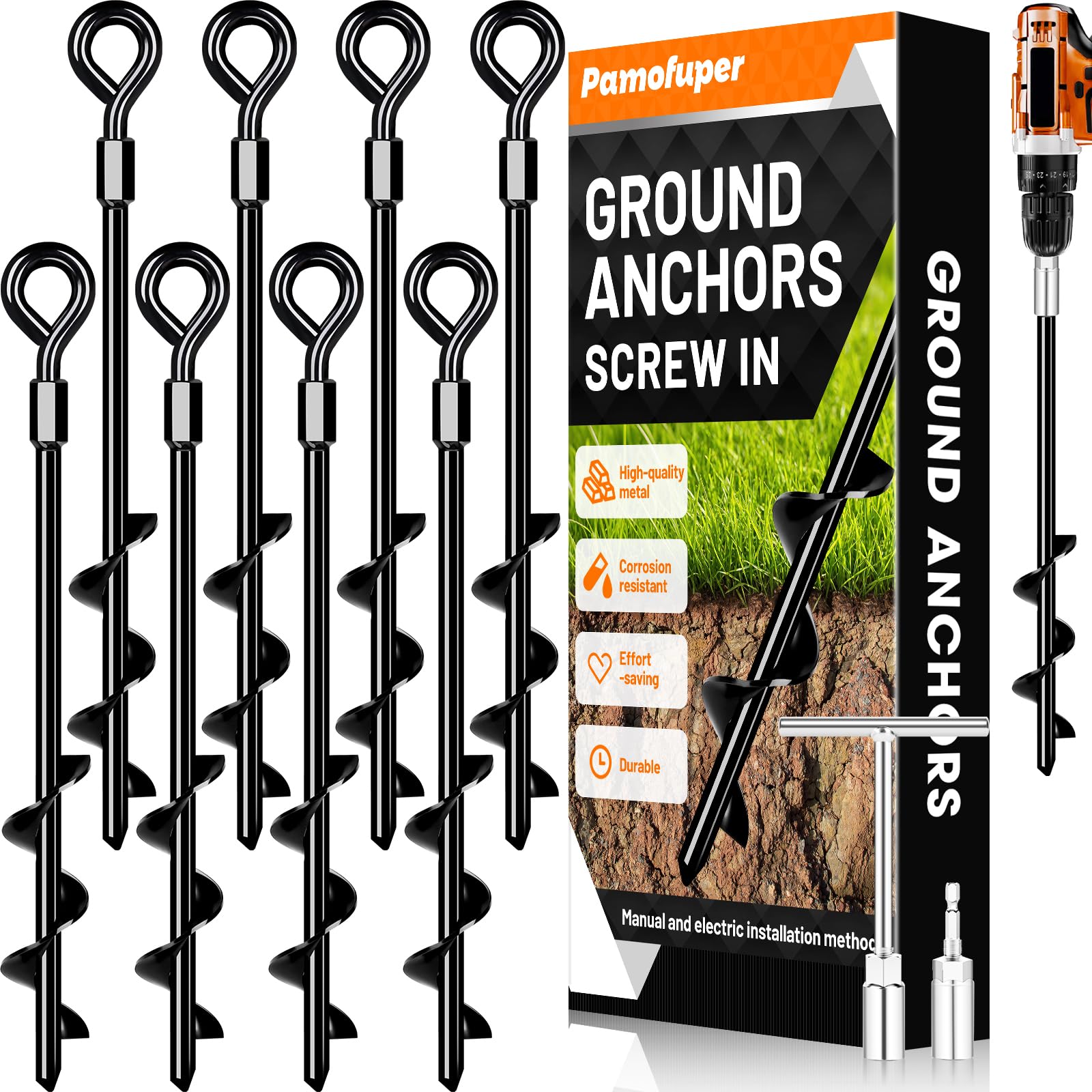 Pamofuper Ground anchor, Heavy Duty Trampoline Anchors for Tents, Swing Frame, Canopies, Camping, Rustproof, Withstand Strong Wind