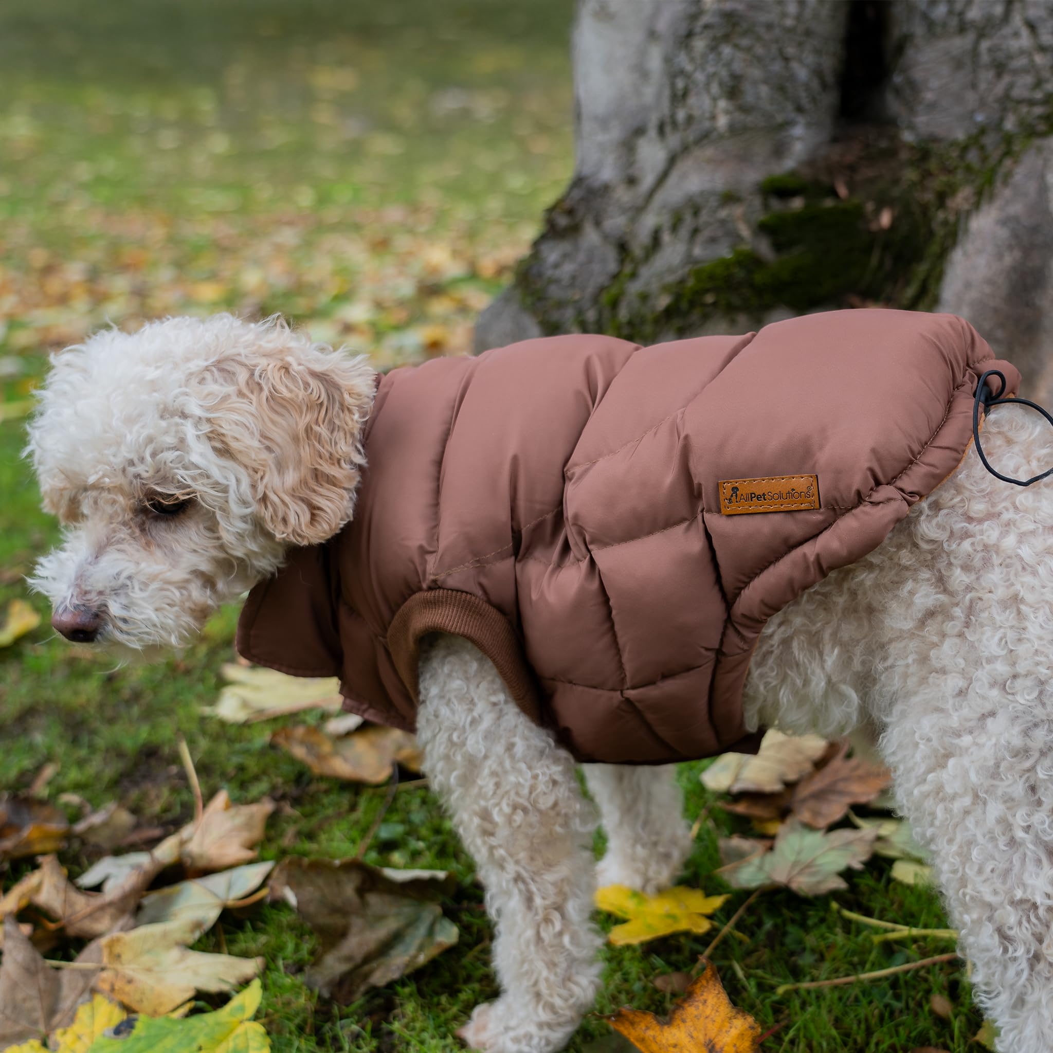 AllPetSolutions Large Dog Padded Jacket Coat in Brown | Dog Puppy Puffer Showerproof Warm Winter Jacket - Windproof, with Fleece Lining and Lead Hole - Large Size - 40cm Collar To Tail Length
