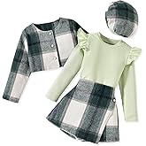 HINTINA Toddler Girl 4 Pieces Outfits Ruffles Long Sleeve Tops Plaid Skirt Jacket And Hat Fall Winter Clothes Set