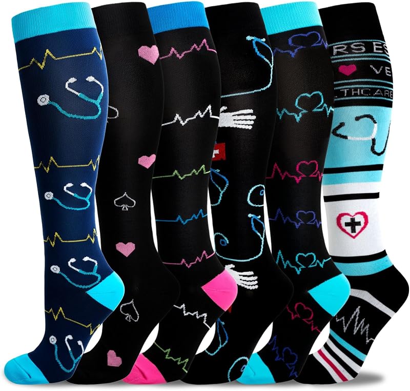 LEOSTEP Compression Socks 6 Pairs Women Men Knee High Flight Running